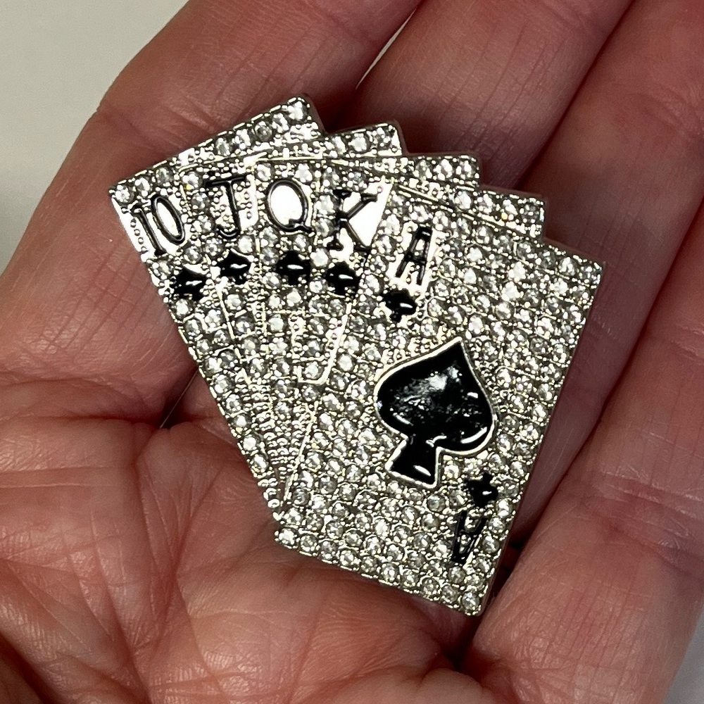Brooch- rhinestones & blk enamel paint on poker cards. Silvertone NIP, 1.5”x1.5” - Picture 5 of 6